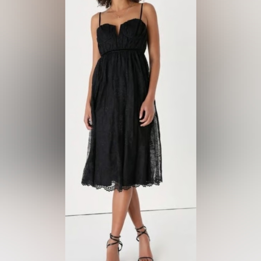 Women's Lulus Dreamy Entrance Black Lace Bustier Sleeveless Midi Dress Sz XS New